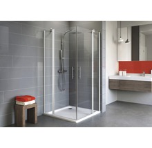 Eckdusche mit Duschwanne und Glastüren im Badezimmer.