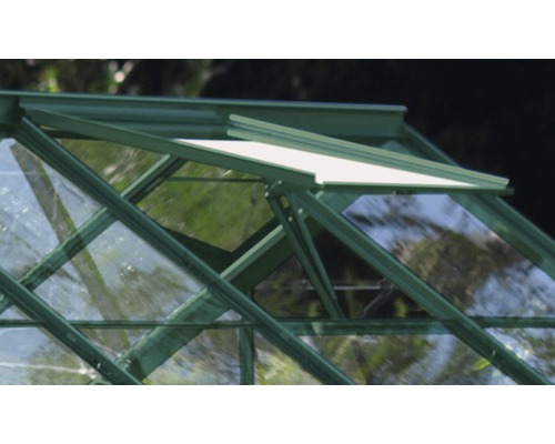 Dachfenster Vitavia für Gewächshaus Venus, Uranus, Merkur und Mars ohne Glas, grün Nahaufnahme eines Gewächshauses mit geöffnetem Fenster zur Belüftung