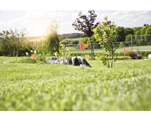 Aufsicht auf eine grüne Rasenfläche mit Begrenzungsfahnen für den Garten
