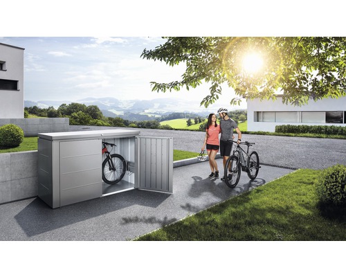 "Fahrradbox aus Metall mit geöffneter Tür, darin ein Fahrrad