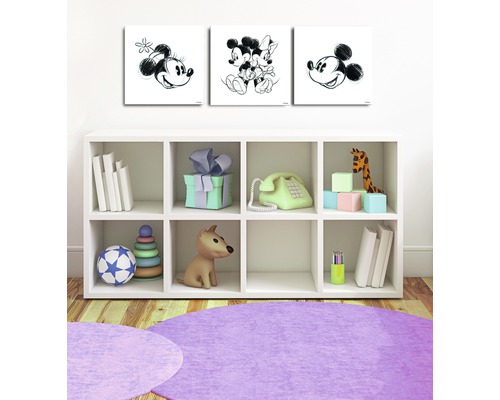 Kinderzimmer mit Wandbildern von Mickey Mouse, Regal und Spielsachen