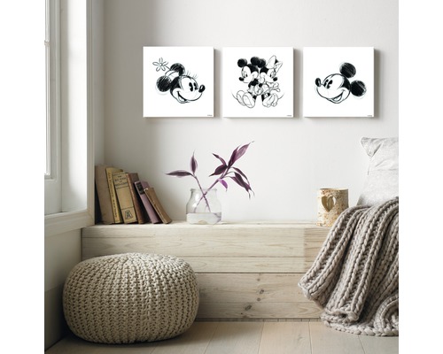 Dekorative Wandbilder mit Mickey Maus Motiven über einer Kommode mit Pflanzen und Dekoration