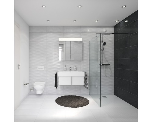 Helles Badezimmer mit Dusche, Waschbecken, Spiegelschrank und Toilette