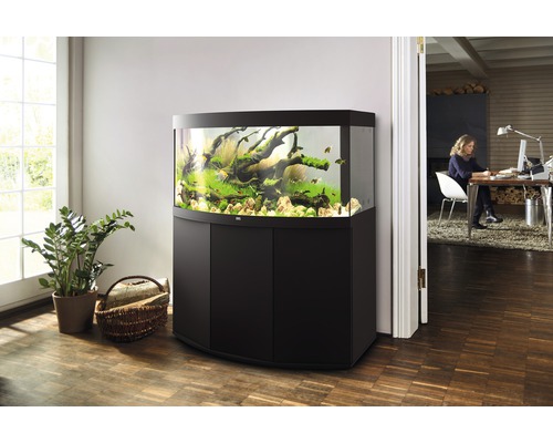 Eingerichtetes Aquarium mit Unterschrank im Wohnzimmer