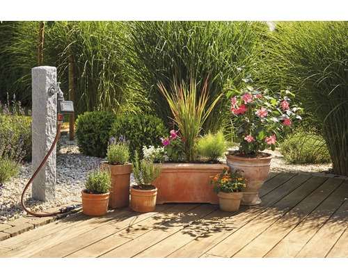 Garten mit Bewässerungsanlage, Wasserhahn und bepflanzten Töpfen