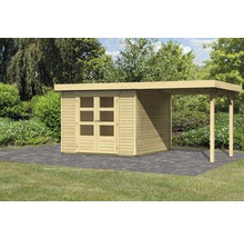 Gartenhaus mit Anbau aus Holz mit Doppeltür und Fenstern