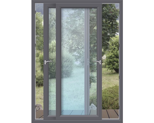 Graue Schiebetür mit Blick auf den Garten