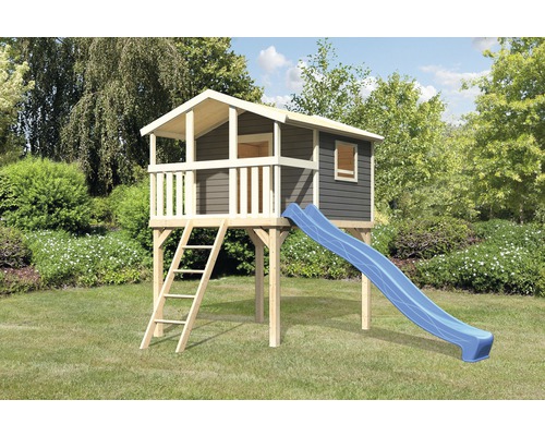 Stelzenhaus AKUBI Benjamin Holz terragrau mit Rutsche blau Holz-Spielhaus mit Rutsche und Leiter im Garten