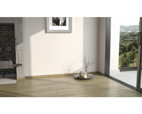 Heller Raum mit Kamin, Bild, Dekoration und Fenster mit Ausblick