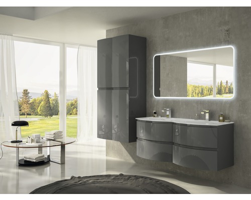 Modernes Badezimmer mit Waschtisch, Spiegelschrank und Hochschrank in glänzendem Grau