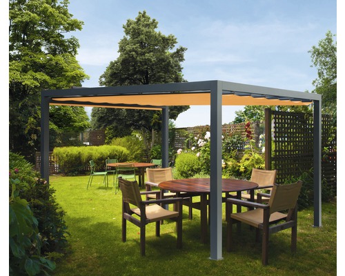 Pavillon Grau 300 x 300 cm Dessin 0867 orange ohne Senkrechtmarkise Quadratische Pergola mit ausziehbarem Sonnenschutz in einem Garten.