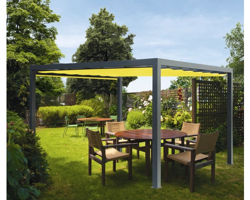 Pavillon Grau 300 x 300 cm Dessin 7703 gelb ohne Senkrechtmarkise Quadratische Pergola mit gelbem Sonnenschutz und Gartenmöbeln auf einer Rasenfläche