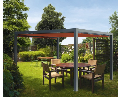 Pavillon Grau 300 x 300 cm Dessin 8207 rot ohne Senkrechtmarkise Pergola mit Markise und Sitzgruppe im Garten