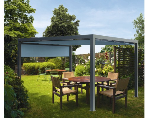 Pavillon Grau 300 x 300 cm Dessin 7558 petrol mit Senkrechtmarkise Pergola mit ausfahrbarem Seitenteil und Sitzgruppe im Garten