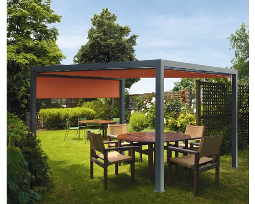 Pavillon Grau 300 x 300 cm Dessin 8207 rot mit Senkrechtmarkise Quadratische Pergola mit Sonnenschutz und Gartenmöbeln im Garten