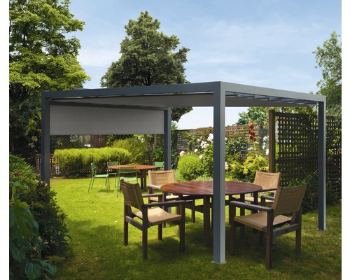 Pavillon Grau 300 x 300 cm Dessin 320925 grau mit Senkrechtmarkise Pergola mit Gartenmöbeln auf Rasenfläche