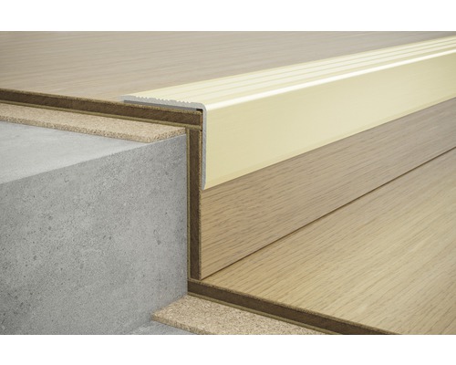 Detailaufnahme einer Treppe mit Stufenprofil und Laminatboden