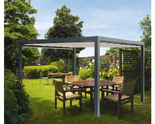 Pavillon Grau 300 x 300 cm Dessin 320930 beige ohne Senkrechtmarkise Freistehende Pergola mit ausfahrbarem Sonnenschutz auf einer Rasenfläche mit Gartenmöbeln
