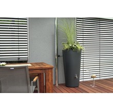 Szene mit Regenspeicher, bepflanzt mit Blumen und Gräsern, neben einer Regenrinne, auf einer Terrasse mit Holzboden