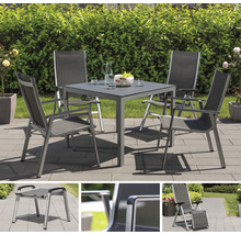 Gartensitzgruppe mit Tisch und vier Stühlen auf einer Terrasse