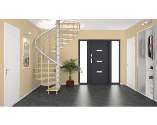 Heller Flur mit Wendeltreppe, Haustür und Garderobe