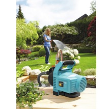 Garten mit Gartenpumpe und Frau beim Bewässern der Pflanzen