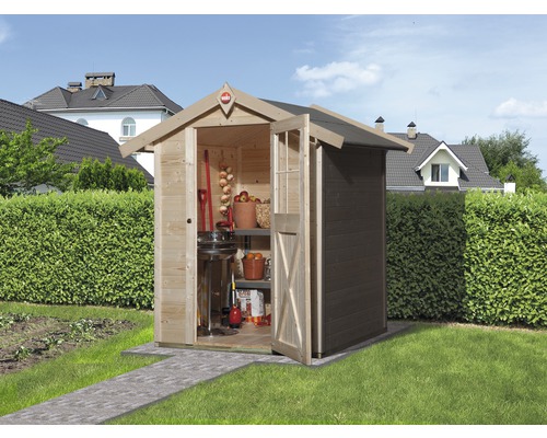 Gartenhaus weka inkl. Fußboden Unterkonstruktion 152 x 130 cm Holzgartenhaus mit Regalen und geöffneter Tür im Garten