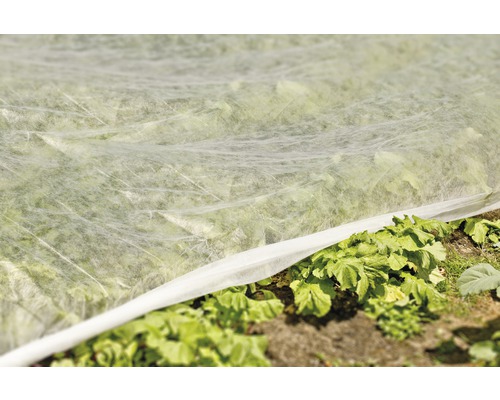 Garten mit Pflanzen unter einem Schutzvlies