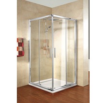 Eckdusche mit Glastüren und Duschwanne im Badezimmer.