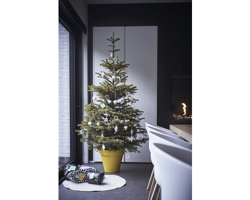 Weihnachtsbaum mit Dekoration in modernem Wohnraum