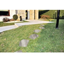 Außenaufnahme eines Gartens mit Rasen und Steinplatten als Gehweg zum Haus.