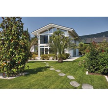 Modernes Wohnhaus mit Gartenanlage und Steinplattenweg