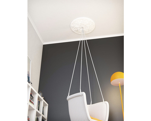 Hängesessel mit weißer Deckenrosette im Wohnzimmer