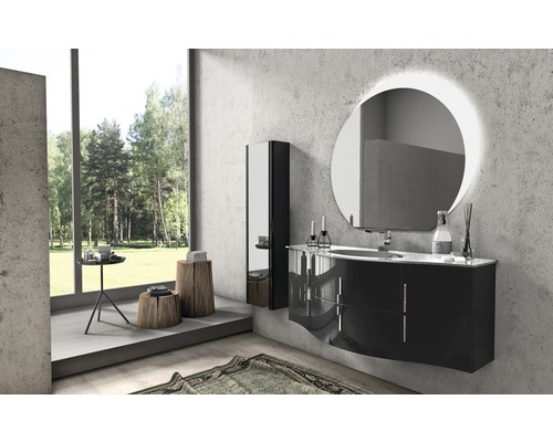 Modernes Badezimmer mit Waschbeckenunterschrank, Spiegelschrank und rundem Spiegel