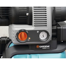 Detail einer Gardena Gartenpumpe 4000/5 eco mit Bedienfeld und Manometer