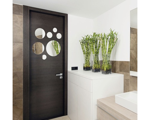 Modernes Badezimmer mit dunkler Tür mit kreisförmigen Spiegeln und weißen Möbeln mit Bambuspflanzen in Glasvasen.