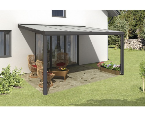 Terrassenüberdachung SKAN HOLZ Genua 434x357 cm anthrazit Terrassenüberdachung mit Sitzgruppe und Bepflanzung im Garten