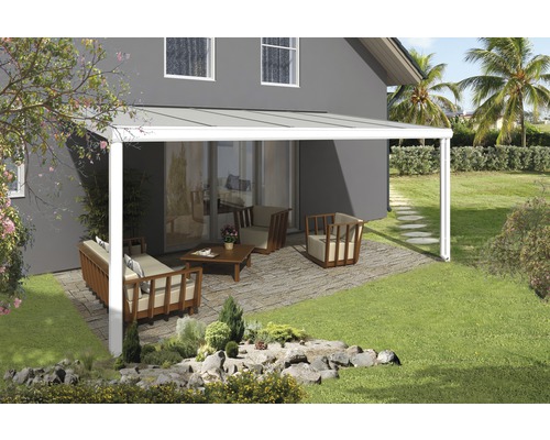 Terrassenüberdachung SKAN HOLZ Genua 541x257 cm weiß Terrasse mit Überdachung und Sitzmöbeln im Garten