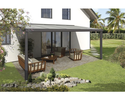 Terrassenüberdachung SKAN HOLZ Genua 541x357 cm anthrazit Terrasse mit Überdachung und Sitzgruppe im Garten