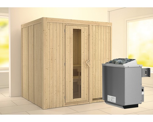 Elementsauna Karibu Sodina inkl. 9 kW Ofen u.integr.Steuerung ohne Dachkranz mit Holztüre und Isolierglas wärmegedämmt