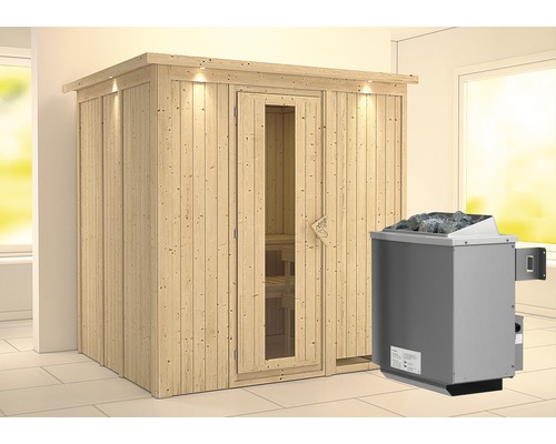 Elementsauna Karibu Sodina inkl. 9 kW Ofen u.integr.Steuerung mit Dachkranz und Holztüre mit Isolierglas wärmegedämmt