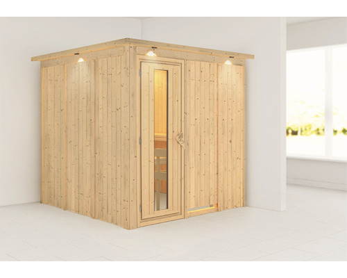 Elementsauna Karibu Rodina ohne Ofen mit Dachkranz und Holztüre mit Isolierglas wärmegedämmt