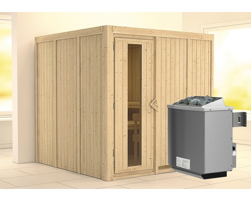 Elementsauna Karibu Rodina inkl. 9 kW Ofen u.integr.Steuerung ohne Dachkranz mit Holztüre und Isolierglas wärmegedämmt