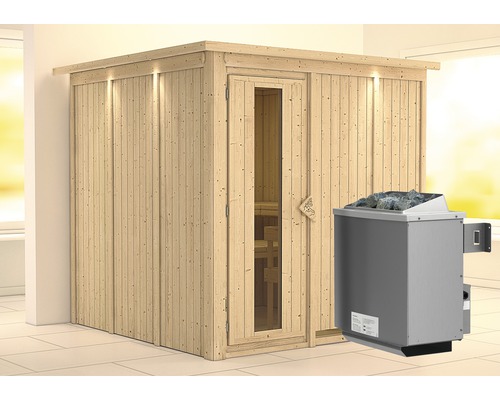 Elementsauna Karibu Rodina inkl. 9 kW Ofen u.integr.Steuerung mit Dachkranz und Holztüre mit Isolierglas wärmegedämmt