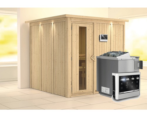 Elementsauna Karibu Rodina inkl. 9 kW Bio Ofen u.ext.Steuerung mit Dachkranz und Holztüre mit Isolierglas wärmegedämmt