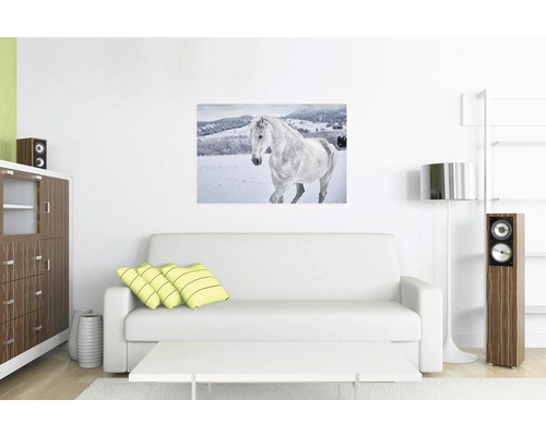 Wohnzimmer mit Sofa und einem Wandbild, das ein weißes Pferd im Schnee zeigt