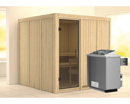 Elementsauna Karibu Rodina inkl. 9 kW Ofen u.integr.Steuerung ohne Dachkranz mit graphitfarbiger Ganzglastüre