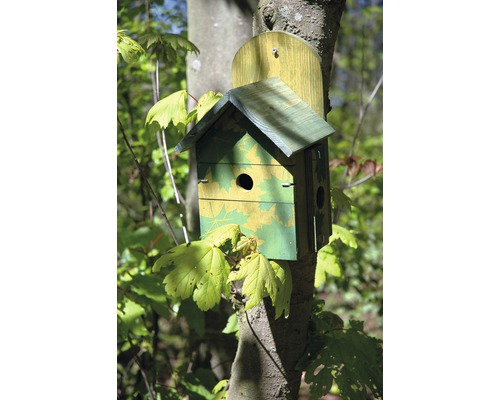 Vogelhaus aus Holz mit rundem Einflugloch am Baum
