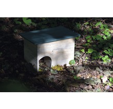 Holzhaus für Igel im Laub