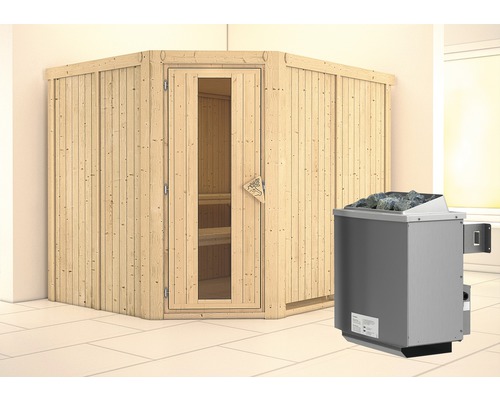 Elementsauna Karibu Malina inkl. 9 kW Ofen u.integr.Steuerung ohne Dachkranz mit Holztüre und Isolierglas wärmegedämmt